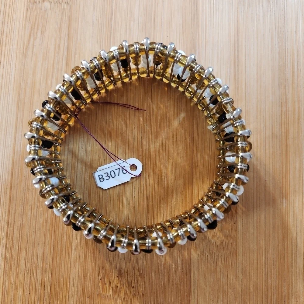 Hand Crafted Bracelet Safety Pins Black White Amber Stretch